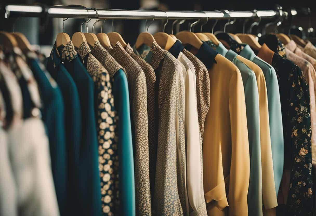 Un estante de ropa retro en una boutique, que presenta vestidos de los años 1950 y blusas de los años 1970