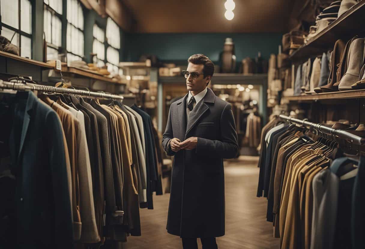 Una tienda de ropa vintage con estantes de prendas únicas y envejecidas. Un empleado conocedor inspeccionando una pieza para verificar su autenticidad. Pósters y decoraciones vintage adornan las paredes.