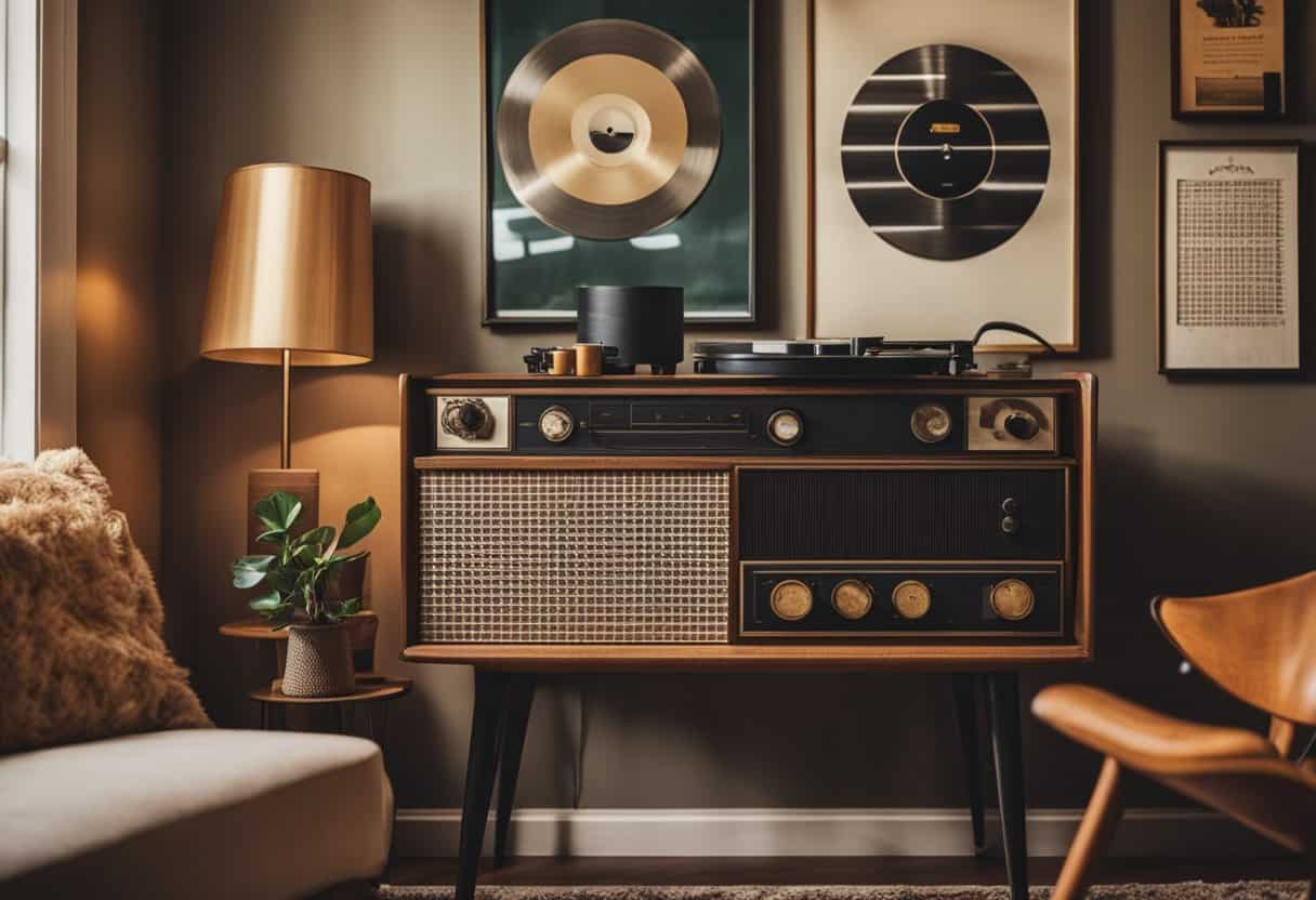 Una acogedora sala de estar vintage con muebles de mediados de siglo, papel tapiz retro y decoración anticuada. Un tocadiscos se encuentra en una mesa auxiliar, y carteles vintage adornan las paredes.