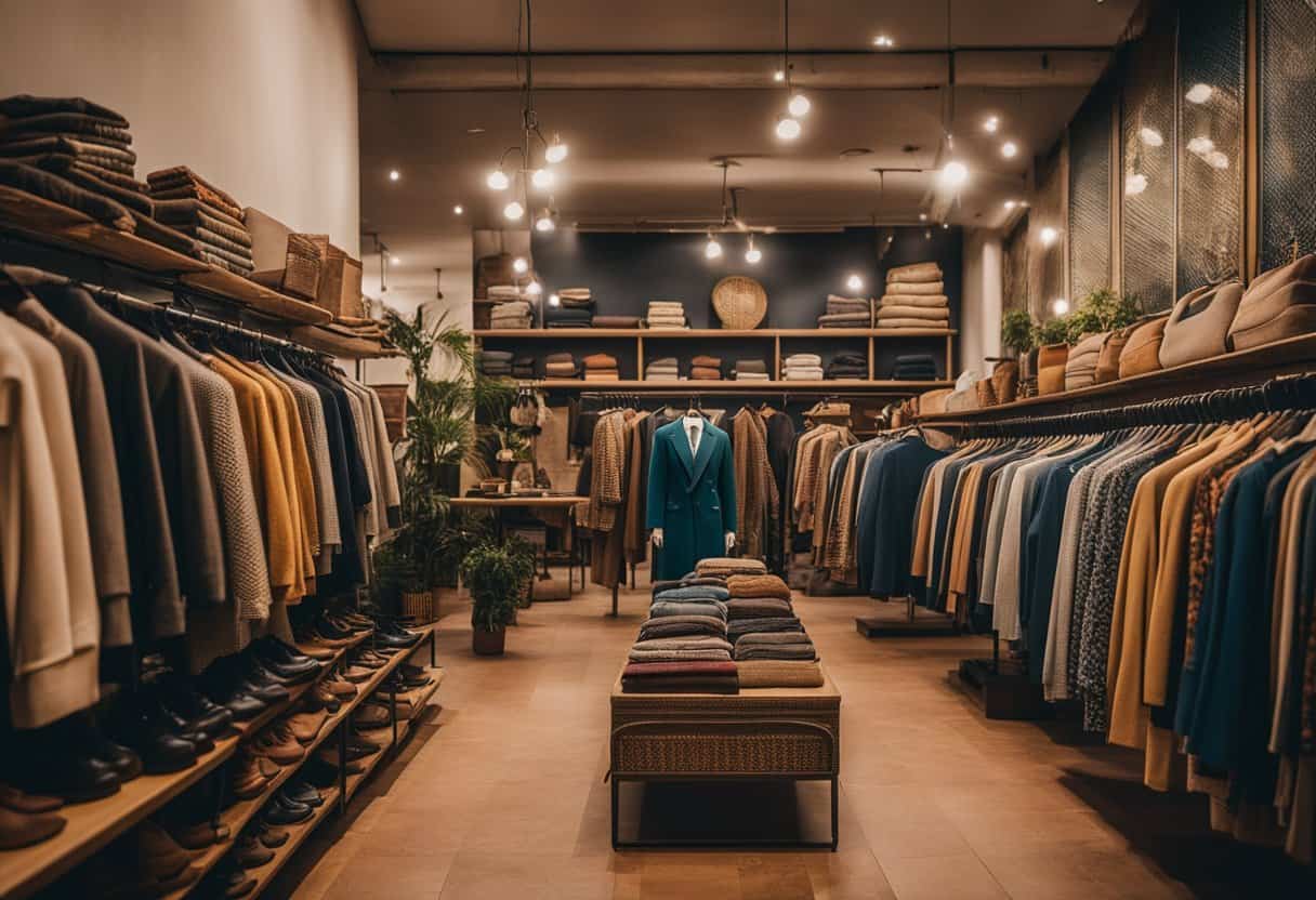 Una acogedora tienda de ropa vintage en Barcelona, llena de estantes con prendas seleccionadas de diferentes épocas, una mezcla de patrones y texturas coloridas.