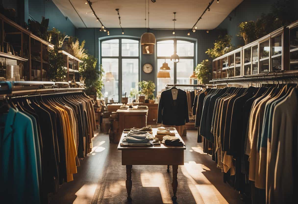 Una acogedora tienda de ropa vintage con estantes de prendas coloridas y únicas. La luz del sol entra a raudales por grandes ventanas, proyectando un cálido resplandor sobre la colección ecléctica.