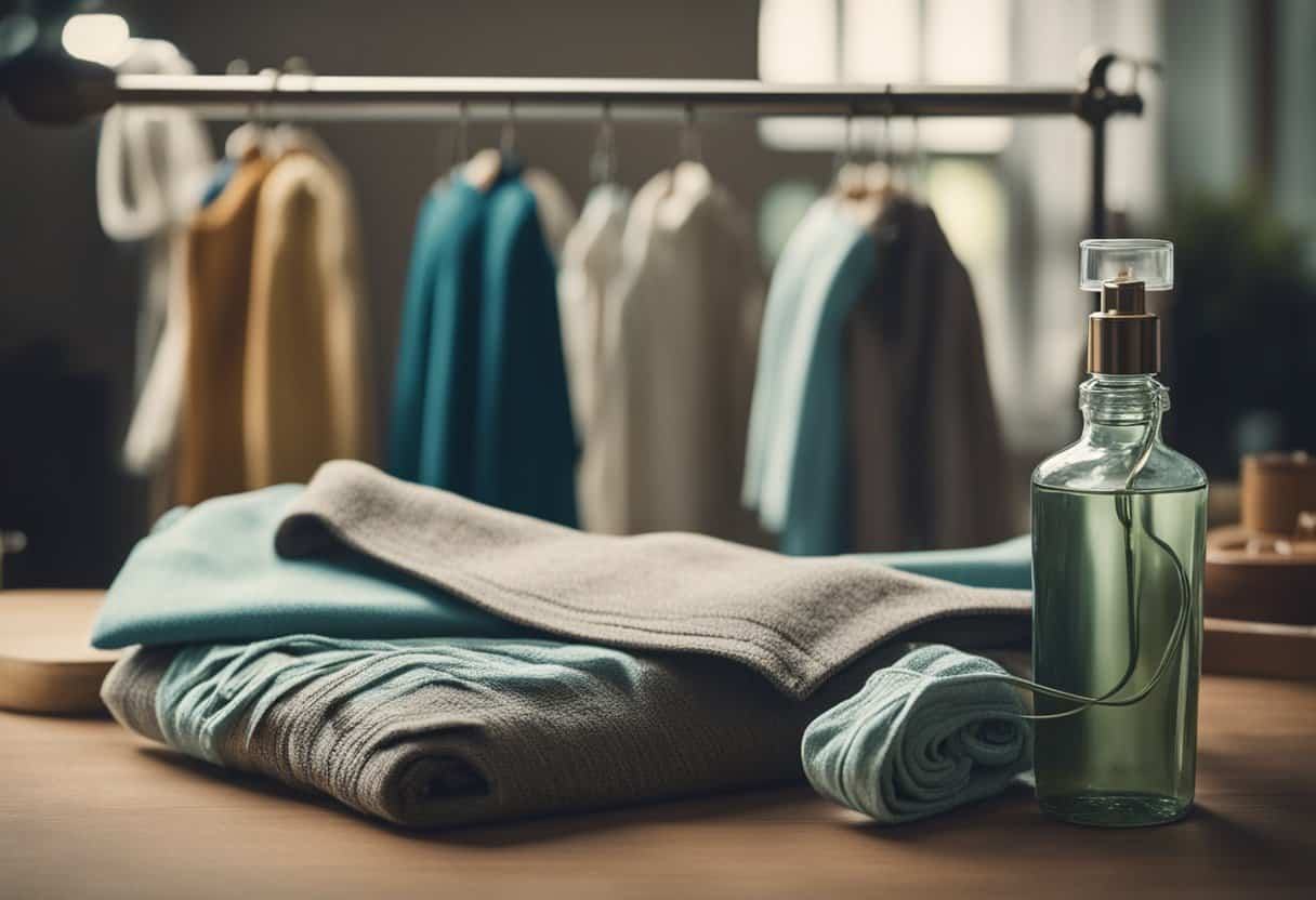 Un perchero de ropa vintage con prendas cuidadosamente colgadas, un kit de costura y una botella de refrescante para telas sobre una mesa limpia y bien iluminada.