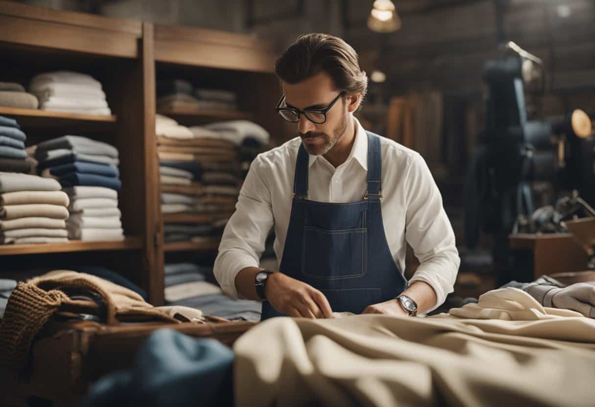 Un experto en ropa vintage examina cuidadosamente una prenda, inspeccionando su material, costura y etiquetas en busca de signos de calidad y autenticidad.