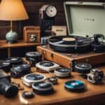 Un tocadiscos vintage rodeado de muebles y decoraciones retro, con discos de vinilo antiguos y cámaras de colección en exhibición.