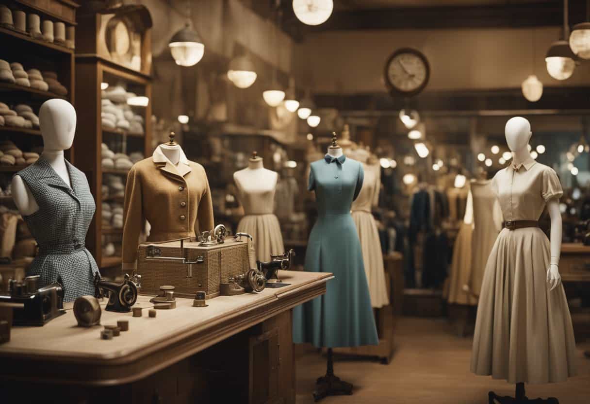 Una vitrina de tienda de ropa vintage con maniquíes vestidos con prendas de lana, seda y algodón. Máquinas de coser vintage y carretes de hilo están esparcidos por la escena.