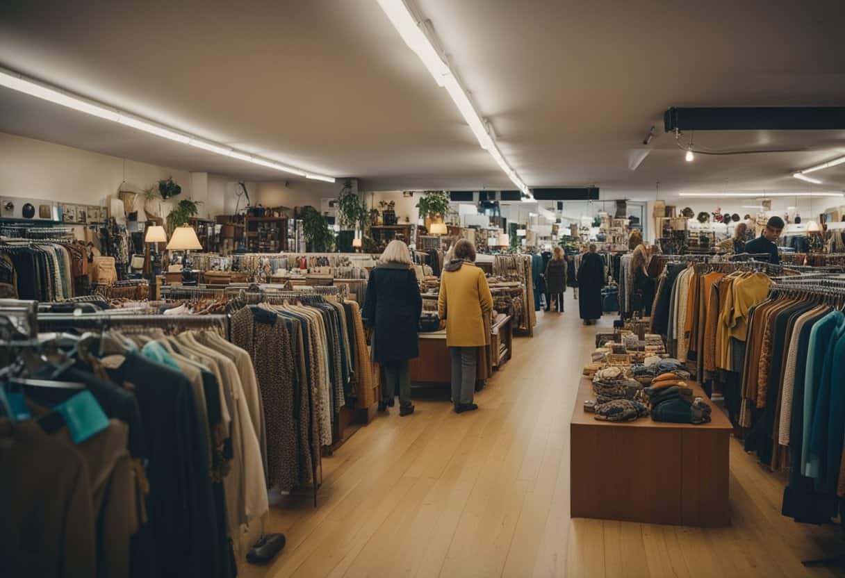 Una bulliciosa tienda de segunda mano con estantes de colorida ropa vintage y accesorios, clientes hojeando los artículos únicos y eclécticos.