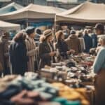 Un bullicioso mercado de pulgas con compradores diversos que hojean estantes de ropa vintage y accesorios. Los vendedores exhiben artículos de moda retro en un entorno colorido y ecológico.